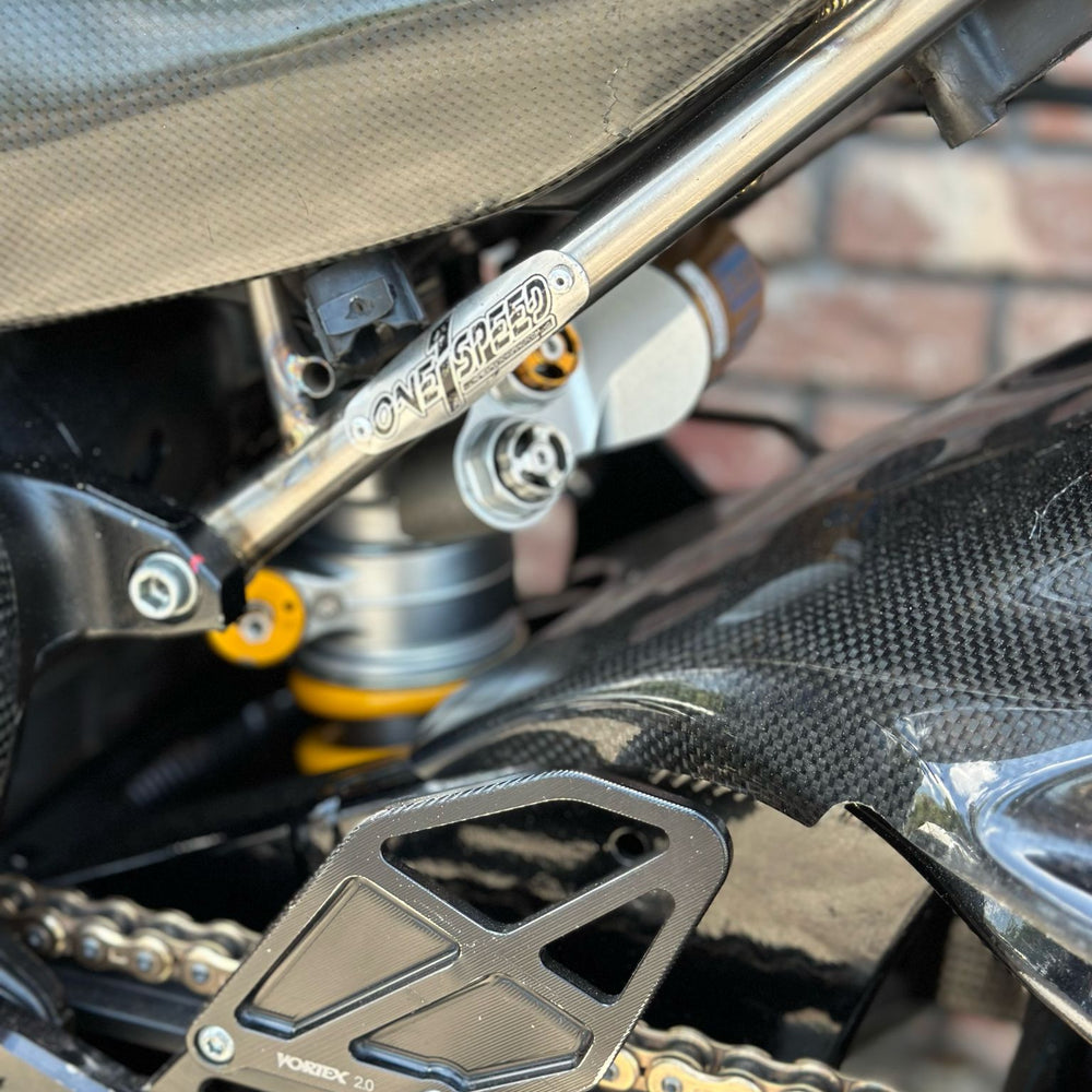 Sportbike suspension tuning in Wilton Manors FL garage Motorcycle lap timer mounted on handlebars in Parkland Corner balancing a race bike in Sunrise, Florida performance shop